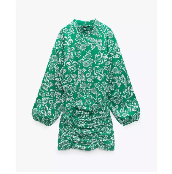 ZARA Jacquard Knit Floral Balloon Sleeve‎ Dress Green Size Small - Picture 2 of 8